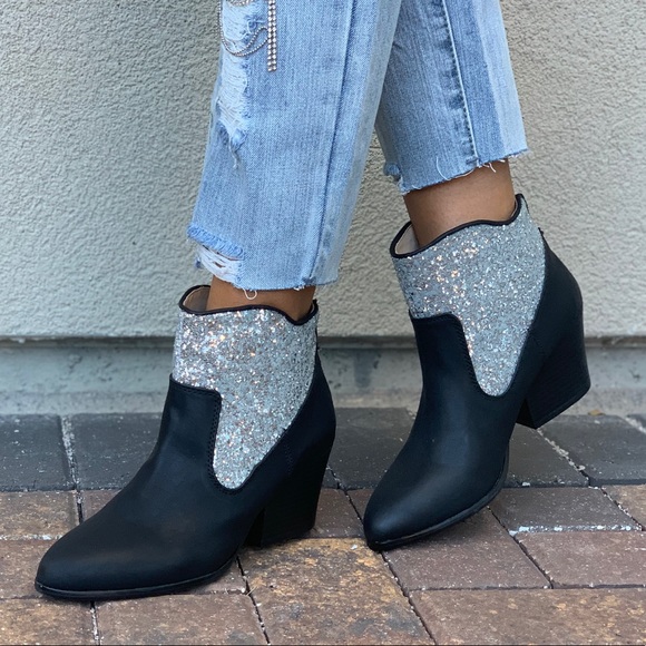 Black/Silver Glitter Embellished Ankle Booties - Picture 6 of 8